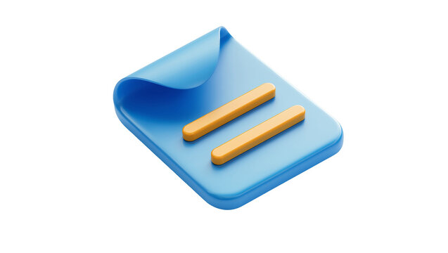 Isolated 3D render of a blue document file icon with yellow bars for digital data or content