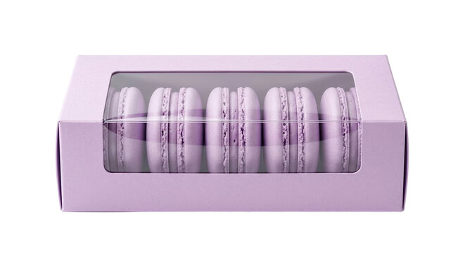 Box of purple lavender macarons on transparent background