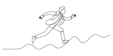 Obraz premium Continuous line drawing of a determined businessman running forward over a series of rising hills
