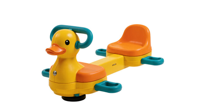 Isolated vibrant yellow duck themed seesaw rocker toy for kids and toddlers to play