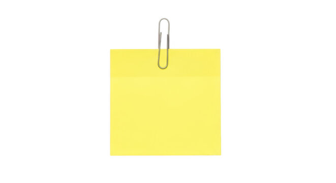 A square yellow adhesive note paper attached with a silver metal paperclip for office reminders