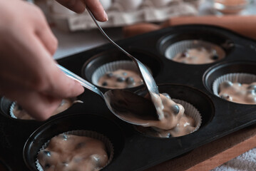 Fototapeta premium Adding blueberry batter into muffin cups