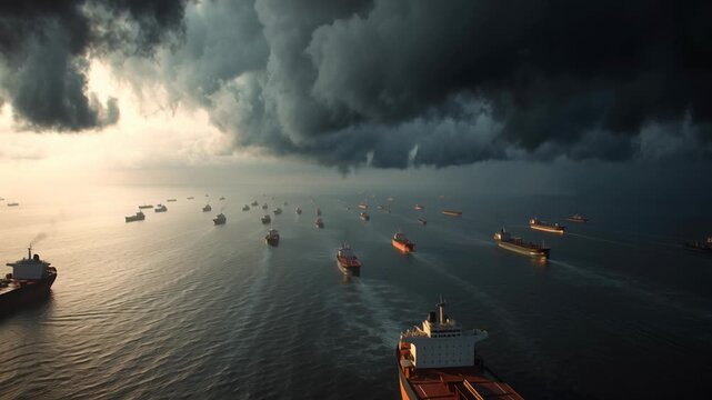 crowded tanker ships navigating Strait of Hormuz during global energy tension, dark clouds above ocean, cinematic maritime realism, Massive storm clouds loom above the ocean. Cargo ships navigate calm
