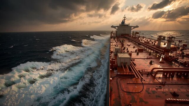 crude oil tanker moving through Strait of Hormuz energy route, waves splashing against hull, dramatic sky, Sunset paints stormy seas as massive tanker cuts through waves. White foam crashes 