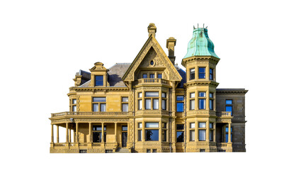 Isolated grand historic mansion showcasing ornate architecture, balconies, and distinctive turret © Eva