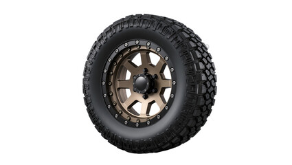 Obraz premium Isolated robust mud-terrain tire with custom bronze rim and beadlock bolts, essential part