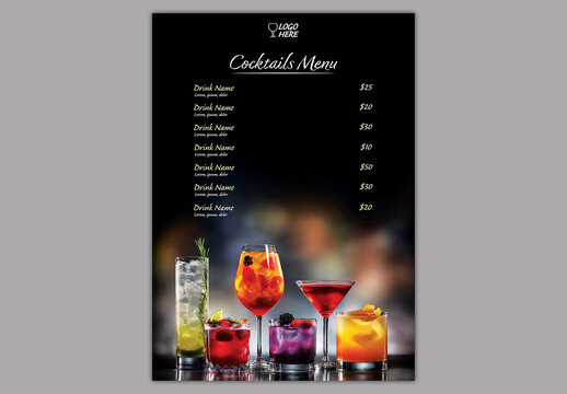 Editable Cocktail Menu Template Design with Colorful Alcoholic Drinks and Berries on Dark Background for Bar Promotion.