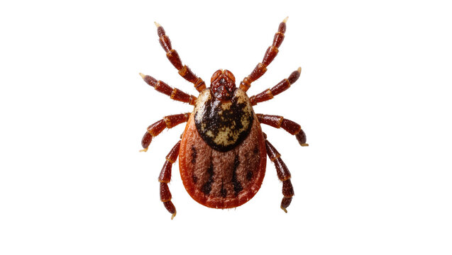 Isolated close-up studio shot of a brown American dog tick on a clean surface