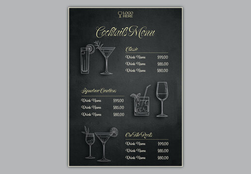 Editable Cocktail Menu Template Design with Linear Style Various Drink Glasses on Black Background for Bar Promotion.