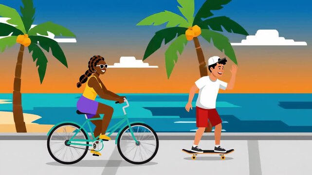Animated summer day at the beach with biking and skateboarding fun tropical vibe and vibrant colors perfect for vacation