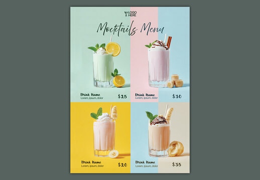 Editable Mocktails Menu Template Design with Four Quadrants in Pastel Colors and Realistic Creamy Drink Illustrations.