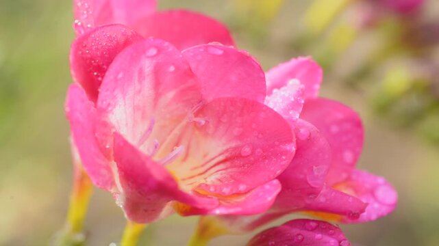 Close up of vibrant pink freesia flowers covered with water droplets after rain, natural green blurred background, fresh spring bloom, delicate petals, romantic botanical macro