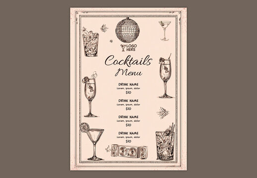 Editable Retro Cocktail Menu Template Design with Doodle Style Various Drinks on Beige Background for Bar Promotion.