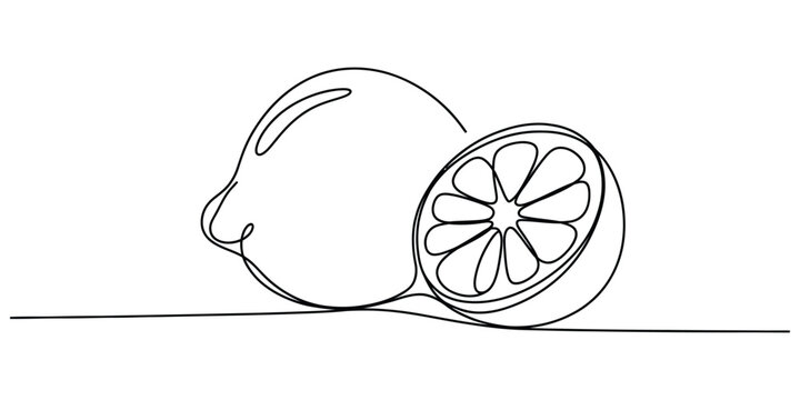 A single continuous line drawing of a whole fresh lemon and a sliced lemon half for food art
