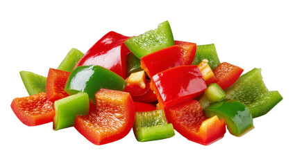 Isolated fresh vibrant diced red and green bell peppers heap ready for cooking