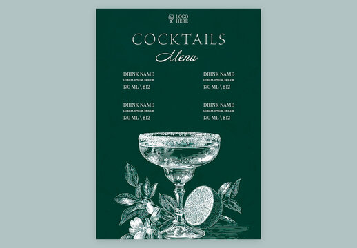 Editable Cocktail Menu Template Design in Green Color.