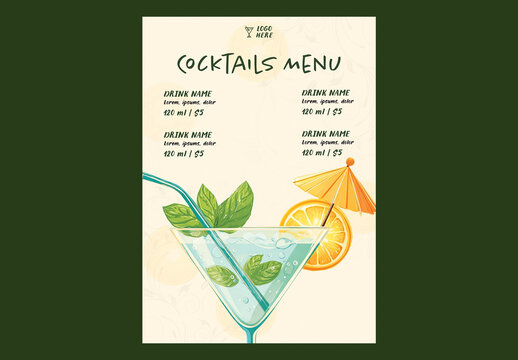 Editable Cocktail Menu Template Design with Refreshing Summer Drink Illustration and Mint Leaves on Pastel Yellow Background.