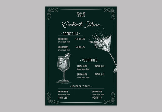 Editable Vintage Cocktail Menu Template Design in Dark Theme with White Hand Drawn Drink Sketches.