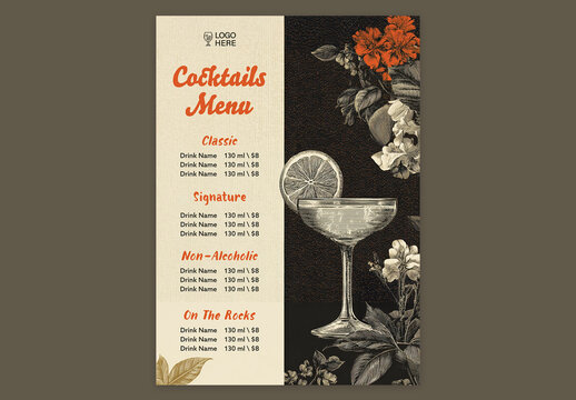 Editable Elegant Cocktail Menu Template Design with Off White and Black Split Background, Vintage Floral Illustrations and Martini Glass.