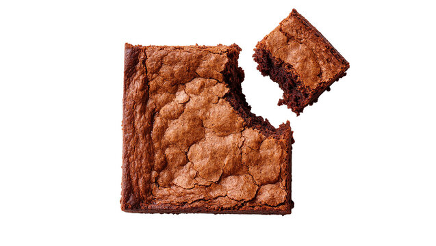 Isolated delicious chocolate brownie square with a bite taken out, sweet baked dessert