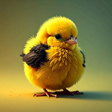 Adorable Fluffy Yellow Chick with Dark Wings.