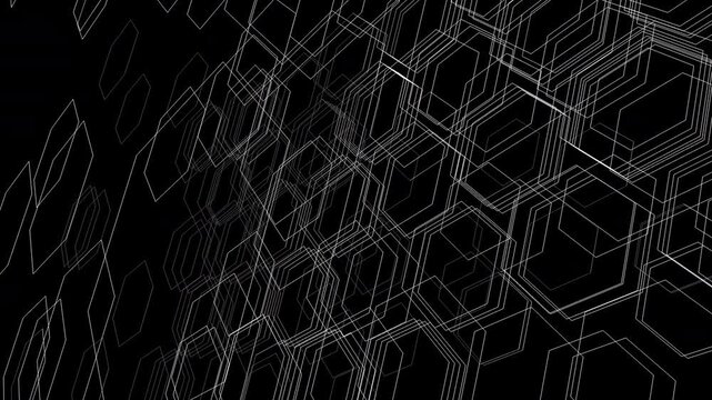 Abstract geometric hexagon mesh forming parametric 3D wireframe structure. Suitable for technology visuals, science graphics, data visualization and futuristic design media.