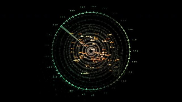 Futuristic radar interface tracking multiple aircraft targets on tactical air traffic control screen. Suitable for aviation media, defense visuals and technology broadcasts.