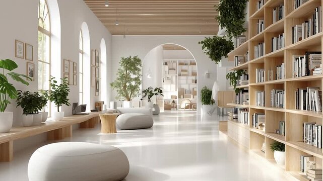 A spacious modern library interior with tall light wood bookshelves filled with books. The room features bright white walls and smooth white flooring, creating a clean and open environment. Sunlight 