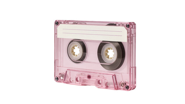 Isolated transparent pink retro audio cassette tape, vintage music and sound recording.