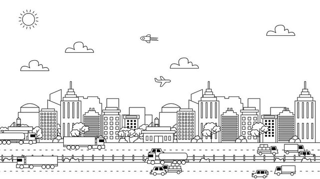 urban animation with dense transportation in black and white style
