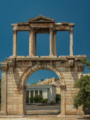 Obraz premium Hadrian's Gate in Athens. It is a monumental triumphal arch made of Pentelic marble, built around 131 AD., Athens, Greece