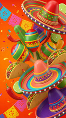 Naklejka premium Colorful sombreros, maracas, and tacos celebrating Cinco de Mayo 