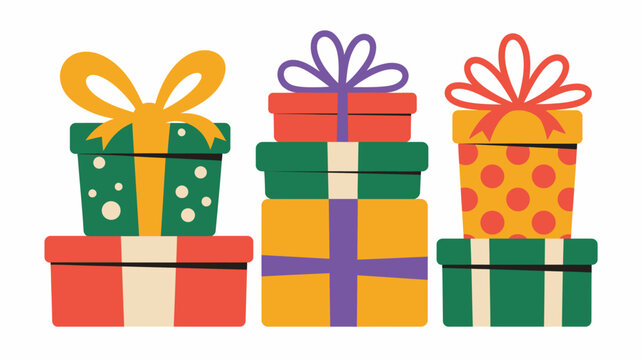 A stack of brightly colored presents with ribbons