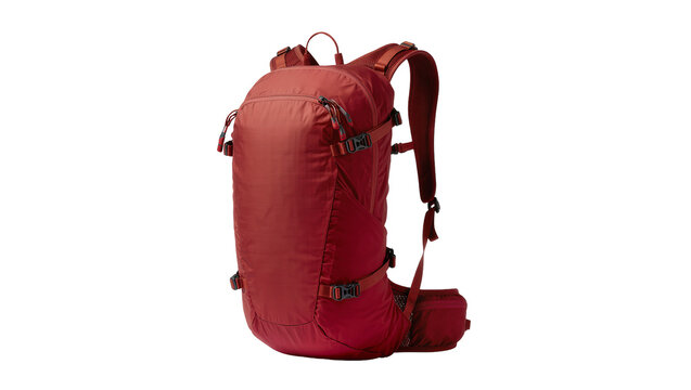 Isolated vibrant red versatile outdoor backpack with adjustable straps and pockets for adventure.