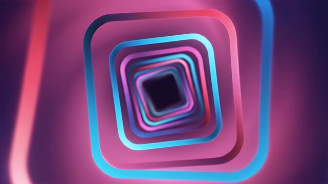 Abstract tunnel of rounded squares with neon pink, blue, and purple glow