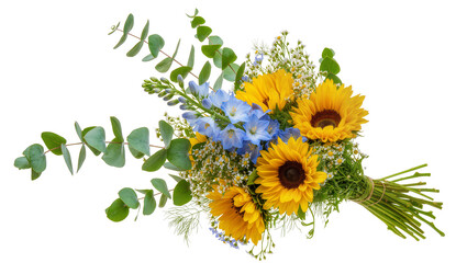 Isolated vibrant summer bouquet with golden sunflowers, delicate blue flowers, and green eucalyptus © Maria