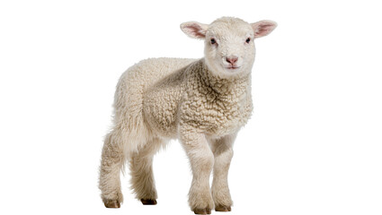 Fototapeta premium Isolated adorable young lamb standing and looking at camera on a clean background