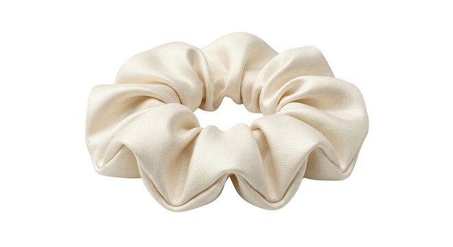 Elegant cream silk hair scrunchie on transparent background