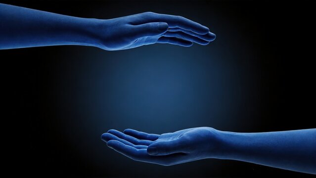 Two glowing blue hands form a protective cupping gesture against a dark background, symbolizing care, support, and protection. Ideal for healthcare, charity, technology, innovation.