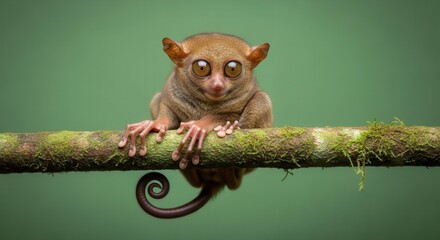 Naklejka premium Close-up of a Small Lemur Clinging to a Tree Branch in a Lush Forest Scene