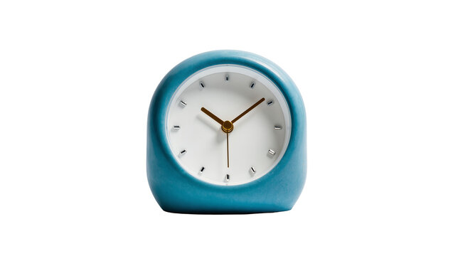 Isolated blue compact alarm clock with gold hands, symbolizing time, routine, and punctuality