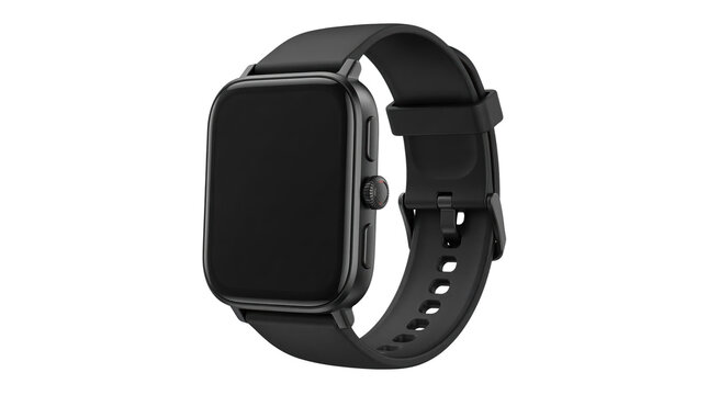 Modern black smartwatch with rubber strap on transparent background