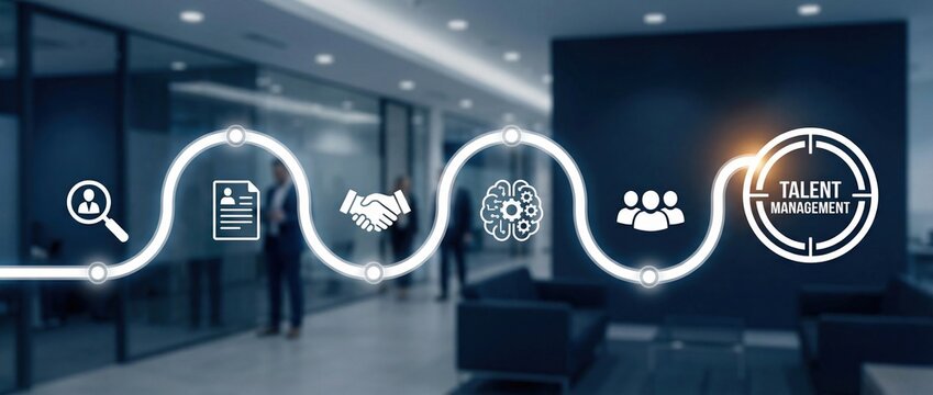 talent management, recruitment, human resources, hiring, career, employment, human capital: Professional infographic illustrating the corporate lifecycle and personnel strategy.