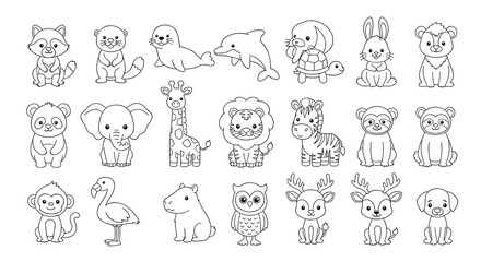Fototapeta premium Cute Animals Coloring Book Page Vector Illustration with Cartoon Collection of Adorable Characters for Children's Activity Books and Educational Activities, Fun Line Art in a Playful, Cheerful Style,