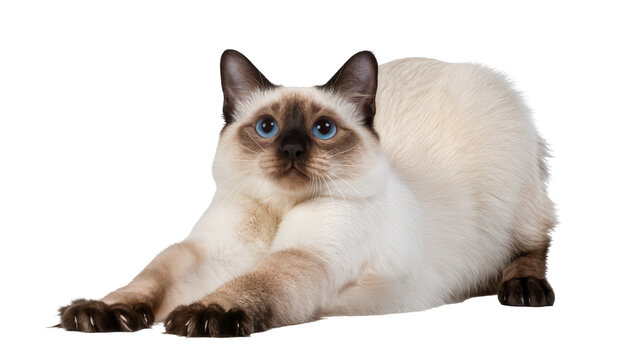 Isolated Siamese cat in a playful stretch, with striking blue eyes and dark brown paws