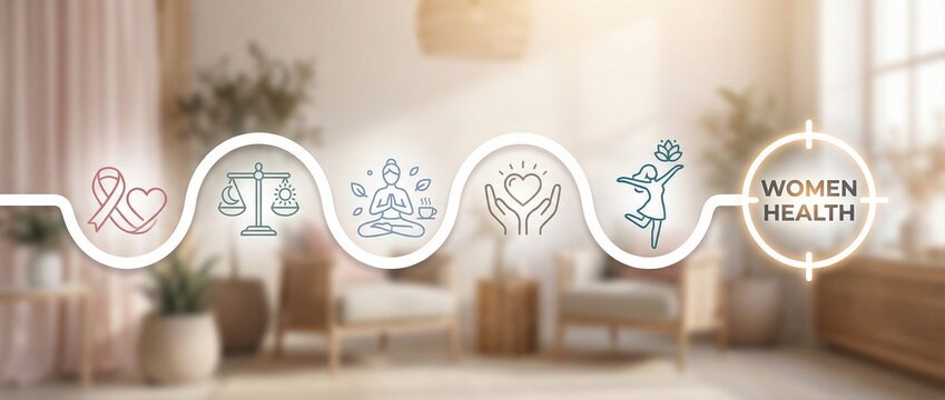 Women health, wellness, self care, medical, healthcare, holistic, lifestyle infographic featuring icons for breast cancer awareness, yoga, heart care, and hormonal balance.