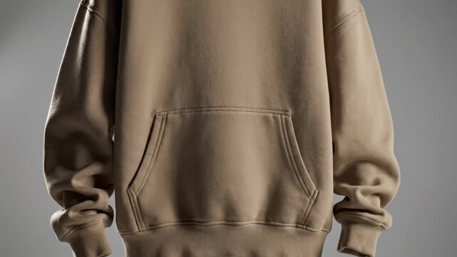 Video of oversized sweatshirt mockup front facing in muted neutral palette, modern streetwear branding concept, blank apparel template for logo placement, hoodie suspended slightly above matte