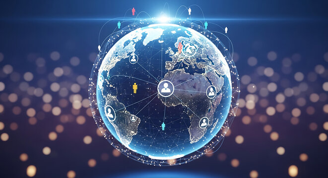 Global Human Resources Management Concept Featuring Earth Globe Surrounded by Diverse Professional Network Icons for International Recruitment Employment and Headhunting Strategy.
