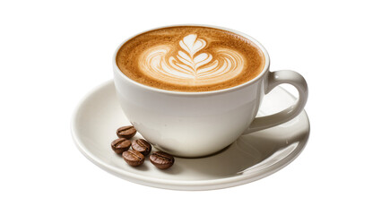 Fototapeta premium Isolated steaming latte coffee in white cup with elegant art and roasted beans on saucer