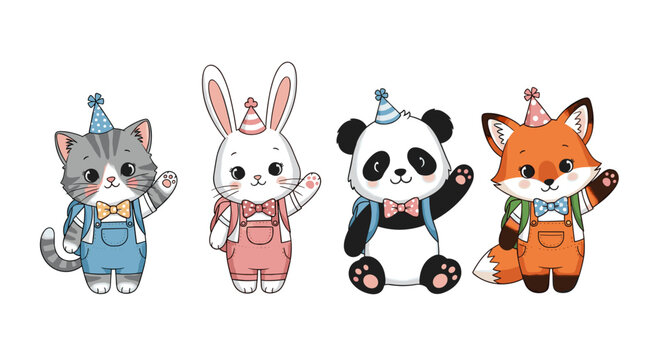 Cute Animals at School Waving Hello: Cat, Rabbit, Panda, Fox Wearing Party Hats and Overalls Ready for Learning, Preschool Cartoon Characters Welcoming Students in Kids Illustration Style, School Frie